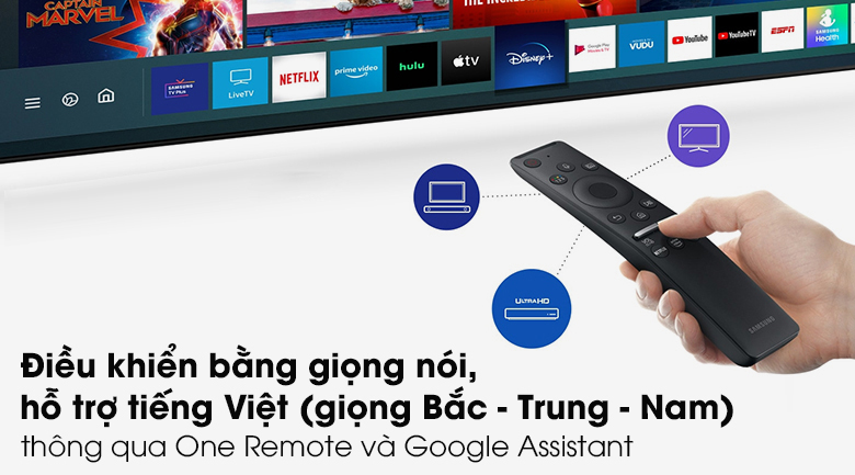 Smart Tivi Samsung 4K 75 inch UA75AU7700 - Dễ dàng tìm kiếm bằng giọng nói hỗ trợ tiếng Việt nhờ One Remote nhỏ gọn và Google Assistant