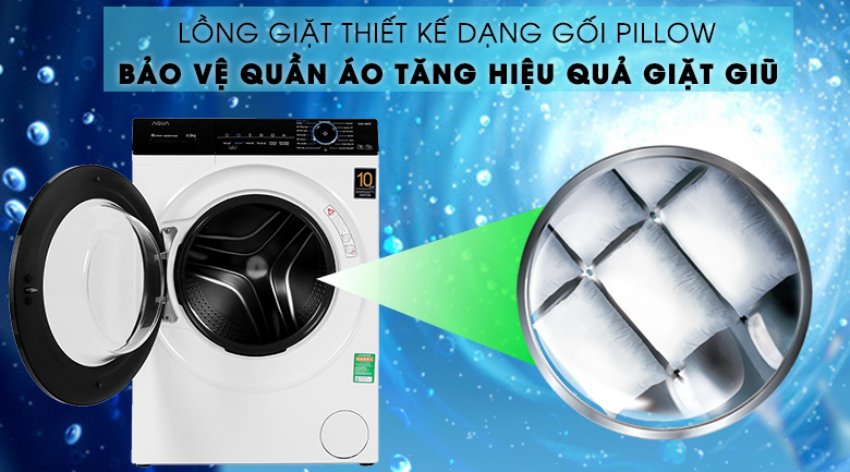 Máy giặt Aqua Inverter 8 KG AQD-A800F W lồng giặt dạng gối Pillow