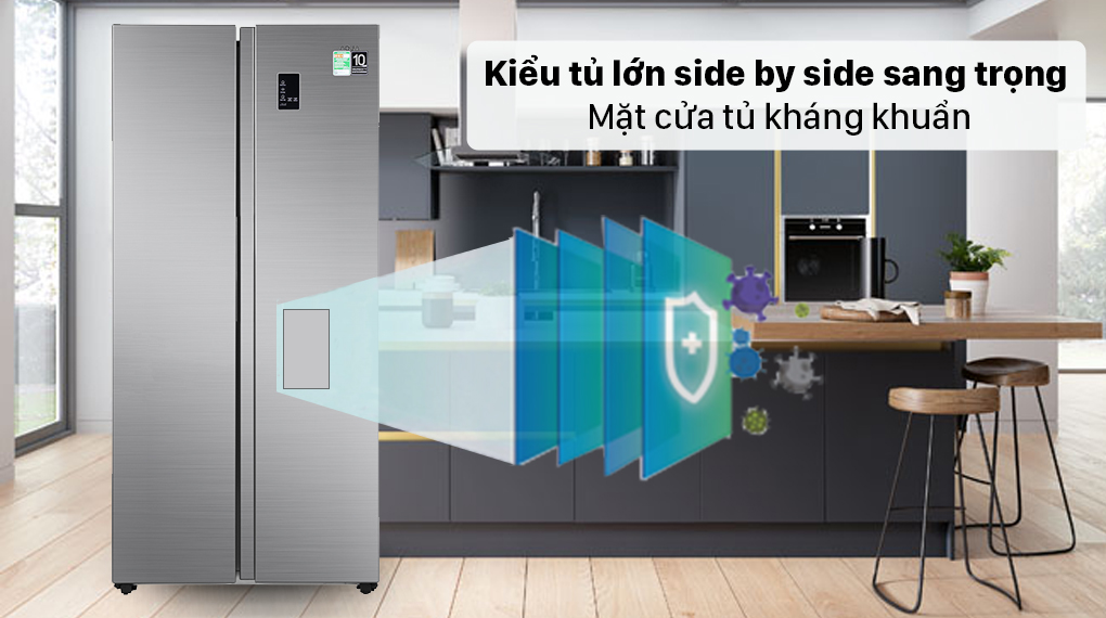 Tủ lạnh Aqua Inverter 480 lít AQR-S480XA(SG) - Kiểu tủ side bay side sang trọng cùng mặt cửa tủ kháng khuẩn